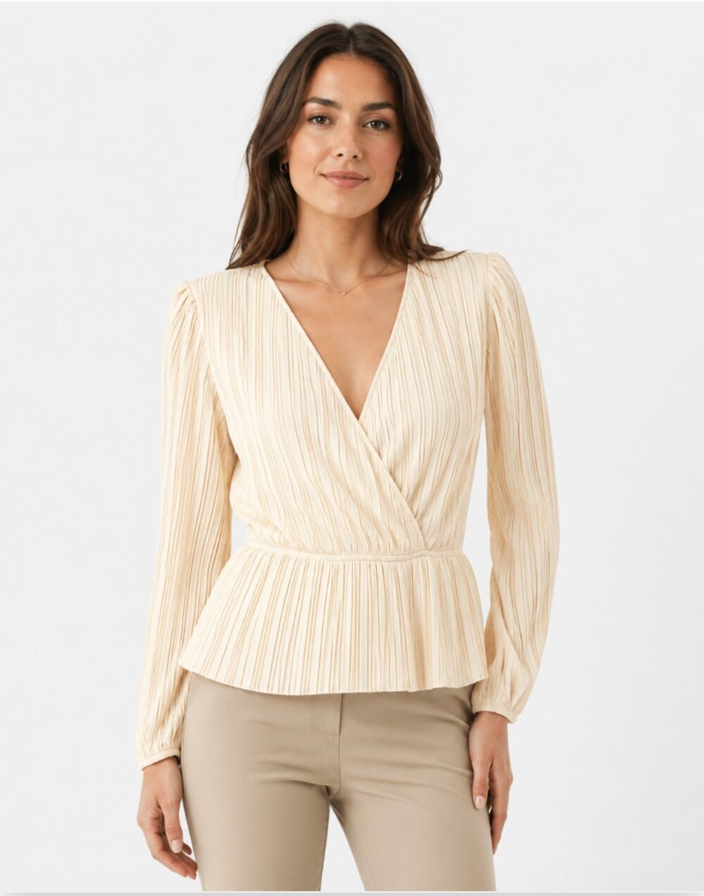 DANIEL RAINN Womens Pleated Peplum Blouse Medium Ivory Long Sleeve NWT